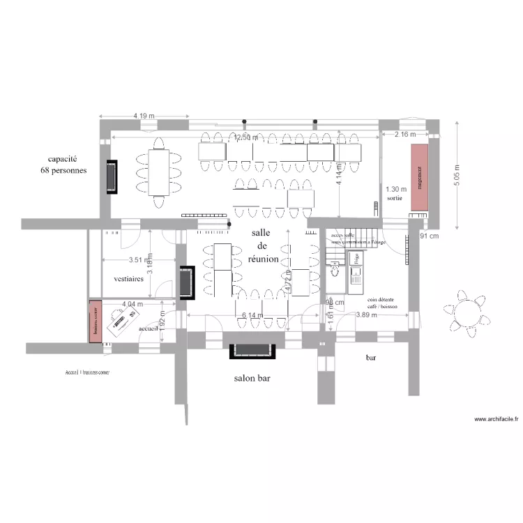 espace evenementiel  implantation tables rectangulaires. Plan de 