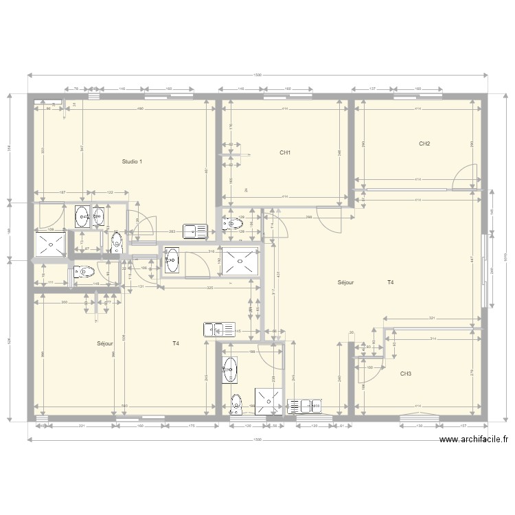 Yvrac Projet SSSOL 12 sans meuble  avec menuiserie. Plan de 14 pièces et 143 m2