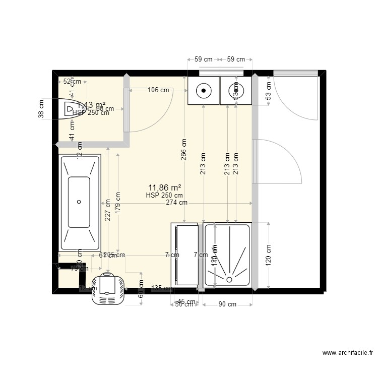 renovation SDB/ WC . Plan de 2 pièces et 13 m2
