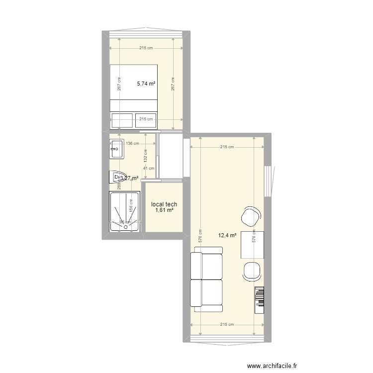 Type 2 M Bruyaux. Plan de 4 pièces et 23 m2