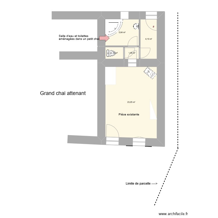 Dépendance aménagée. Plan de 5 pièces et 35 m2