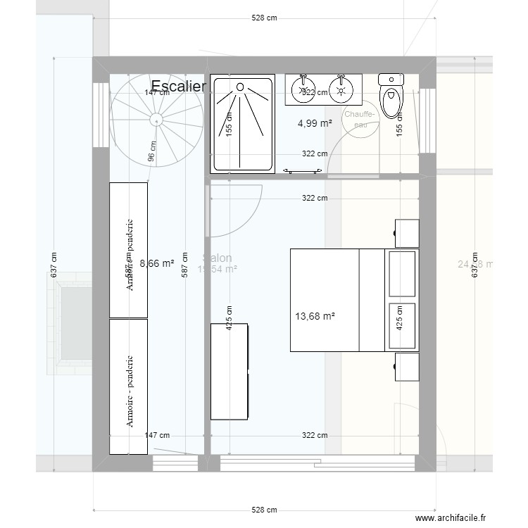 Nouveau plan étage avec colimaçon. Plan de 13 pièces et 153 m2