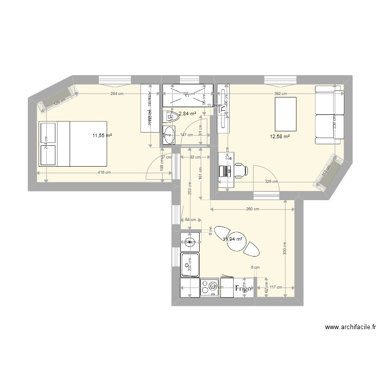 plan patay approximatif petite modif cuisine. Plan de 4 pièces et 39 m2