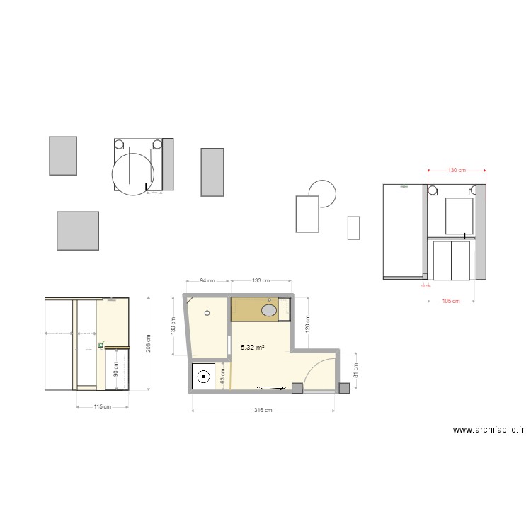 SDB BETON CIRE. Plan de 1 pièce et 5 m2