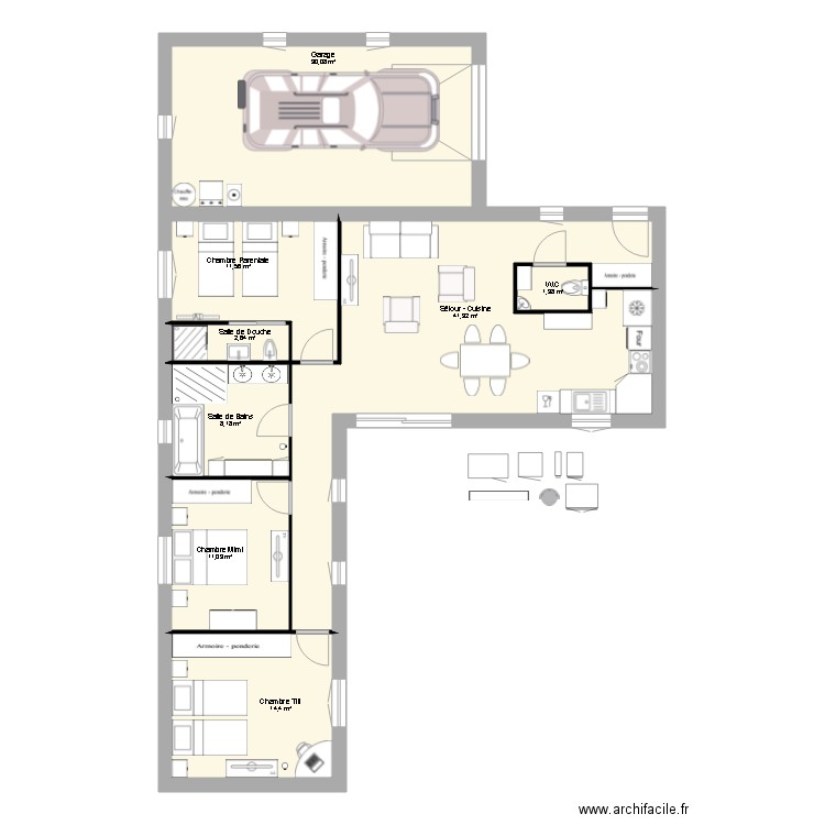 Maison Plein pied en L. Plan de 0 pièce et 0 m2