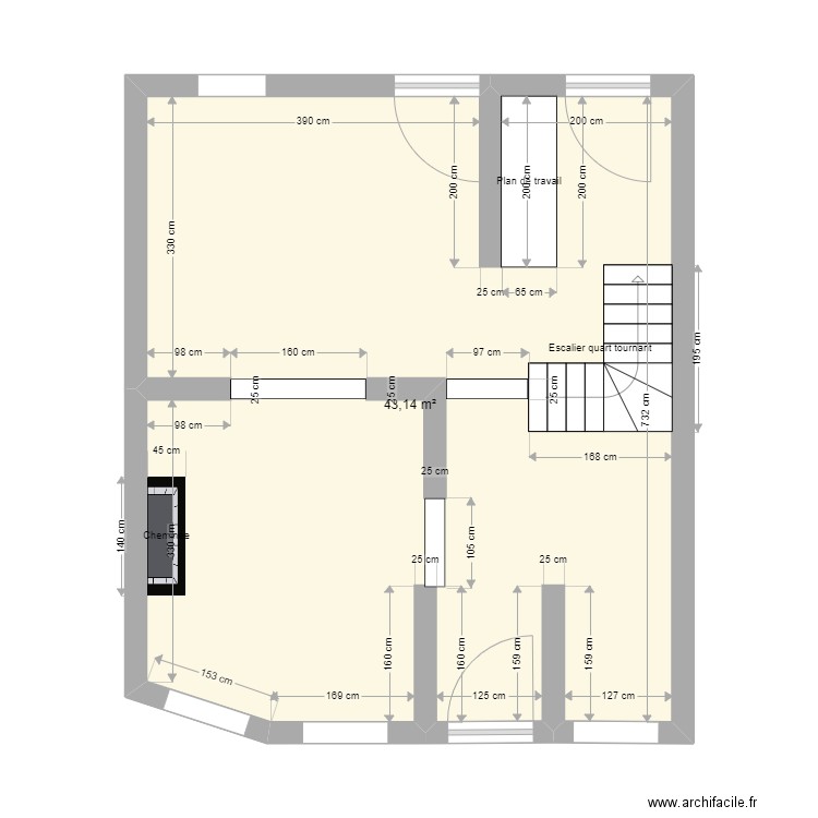 rez de chaussée BX. Plan de 1 pièce et 43 m2