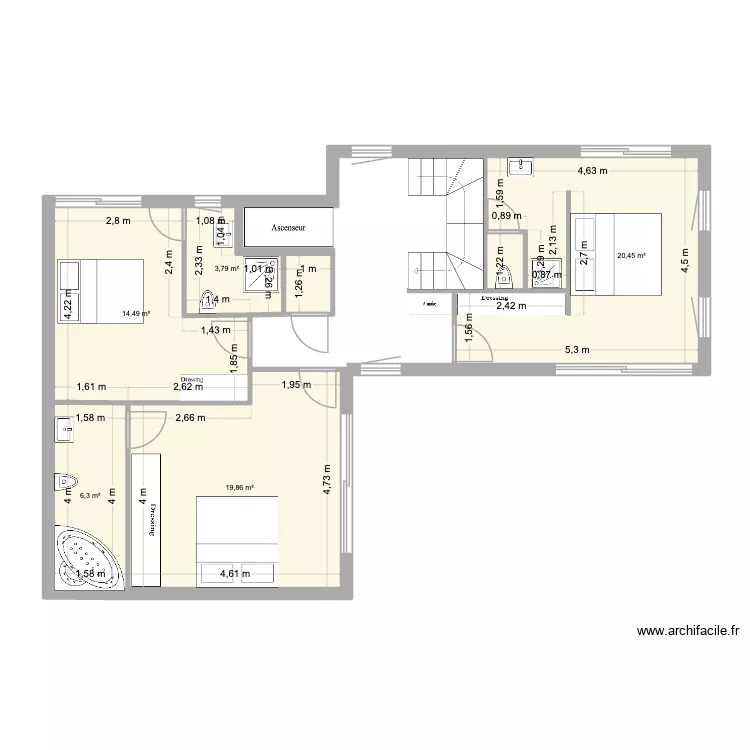 R+1 2 pi&egrave;ces. Plan de 7 pièces et 67 m²