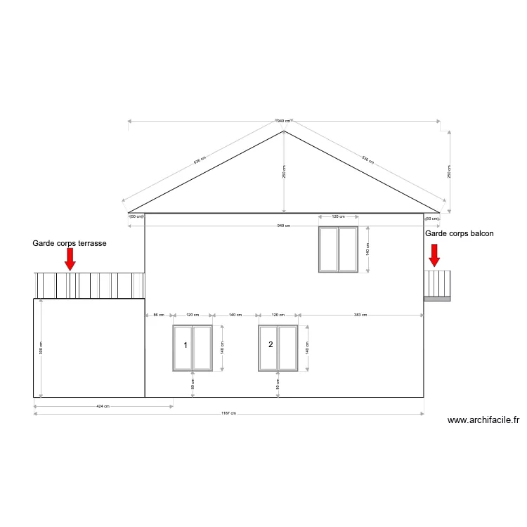 Pouanc&eacute; - Fa&ccedil;ade Ouest - Existant. Plan de 