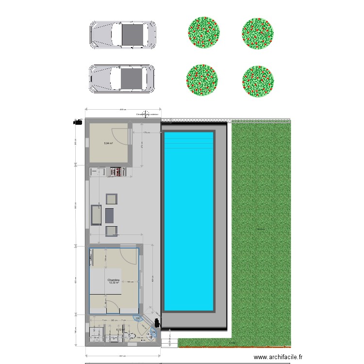 Projet piscine 10. Plan de 3 pièces et 24 m2