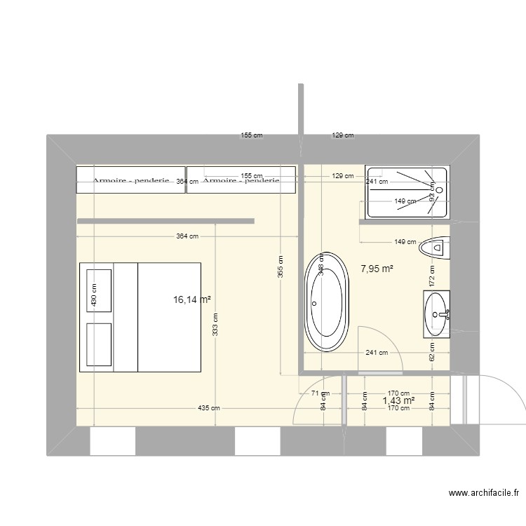 chambre dressing SdB 4. Plan de 3 pièces et 26 m2