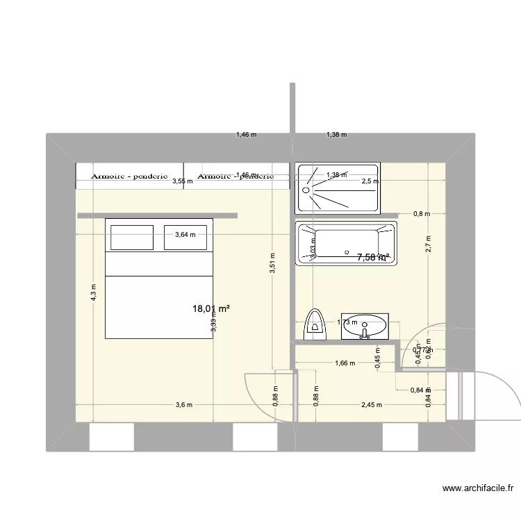 chambre dressing SdB 4. Plan de 2 pièces et 26 m²