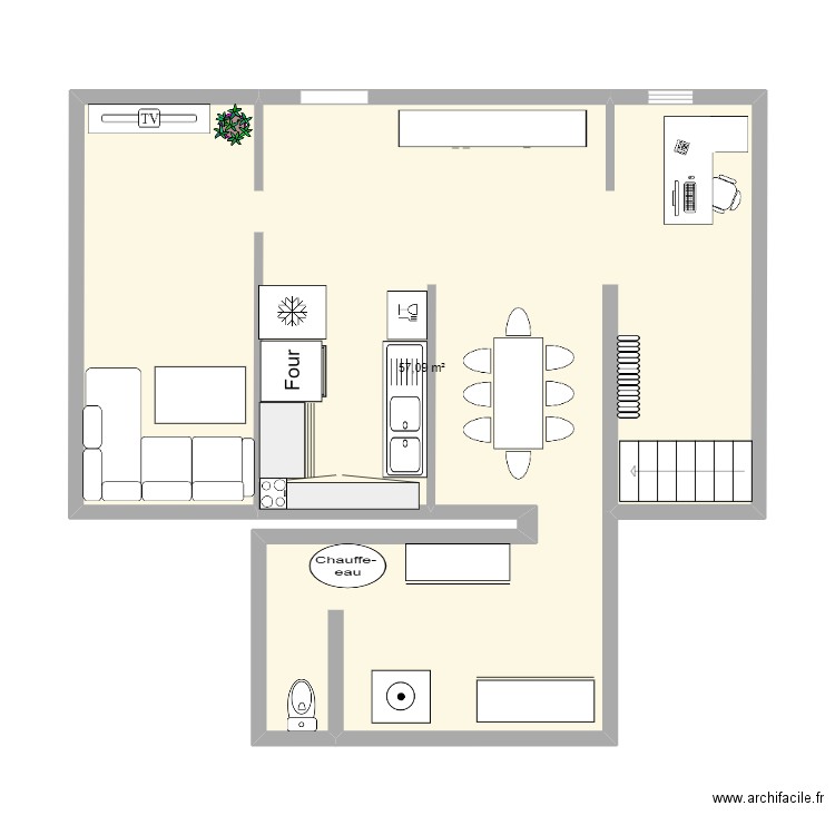 en bas . Plan de 1 pièce et 57 m2