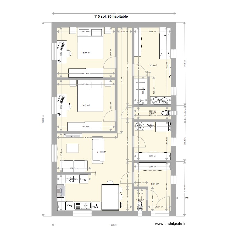 appart 2 ch seul. Plan de 0 pièce et 0 m2