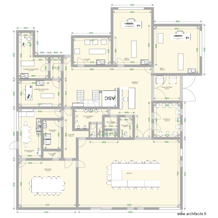 Espace santé rez de chaussée. Plan de 20 pièces et 376 m2