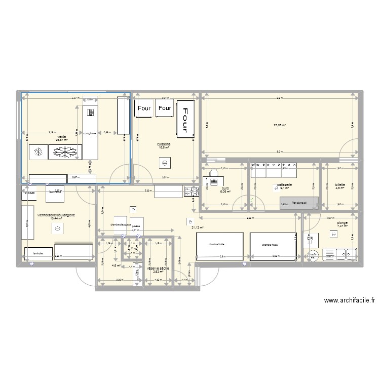 Plan boulangerie la baguette. Plan de 12 pièces et 155 m2