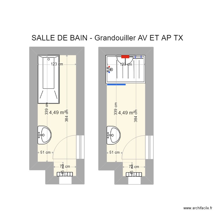 grandouiller sdb. Plan de 2 pièces et 9 m2