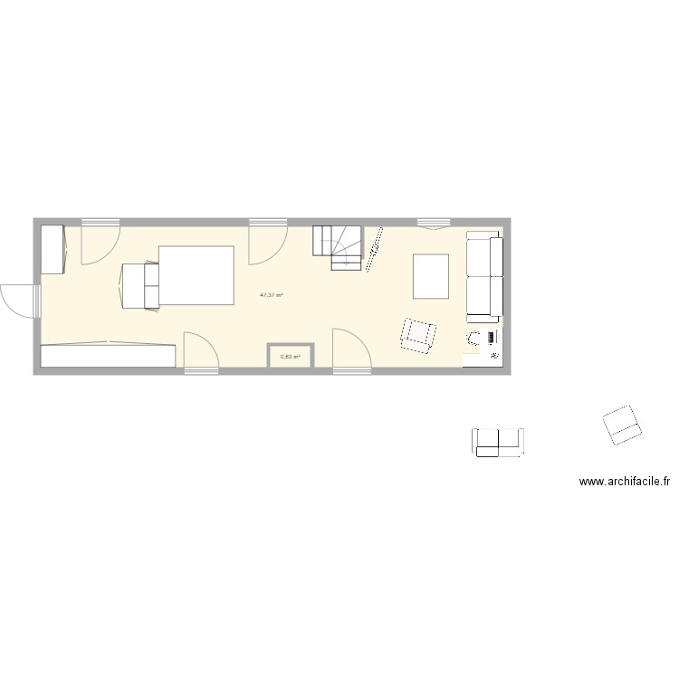 salon. Plan de 2 pièces et 48 m2