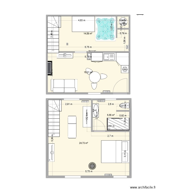 etage petit appart. Plan de 4 pièces et 61 m2