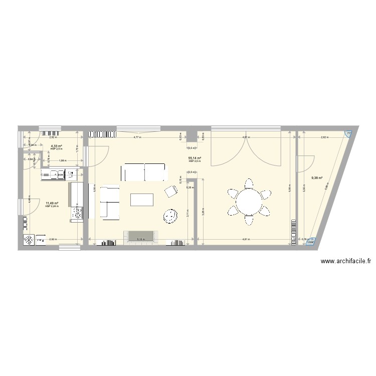 Salon. Plan de 4 pièces et 80 m2