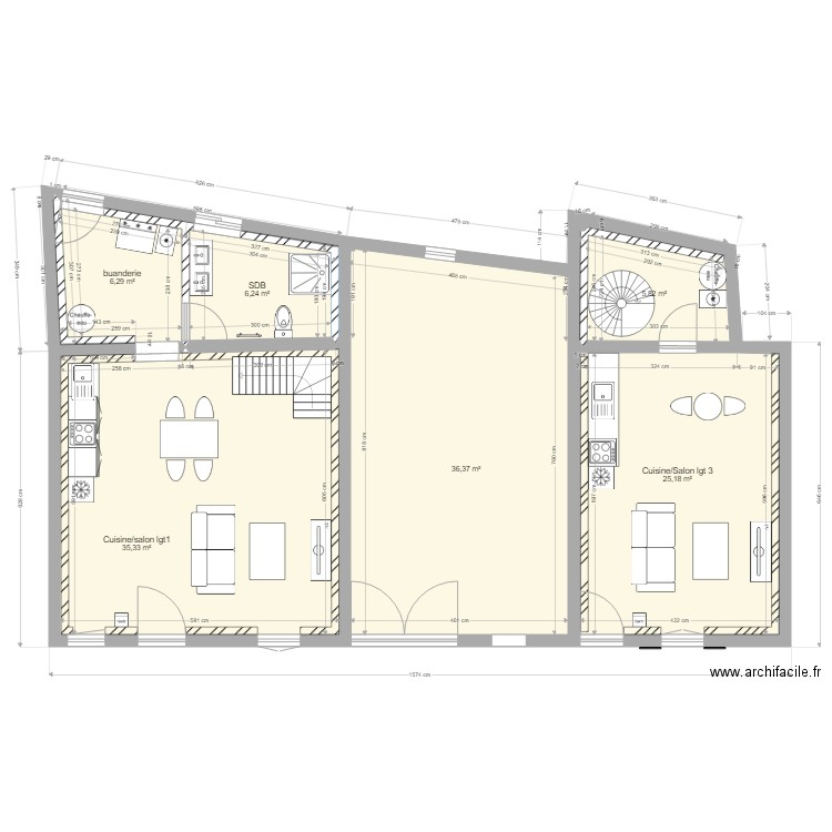 Plan bas lgt 1 et 3 bas. Plan de 17 pièces et 226 m2