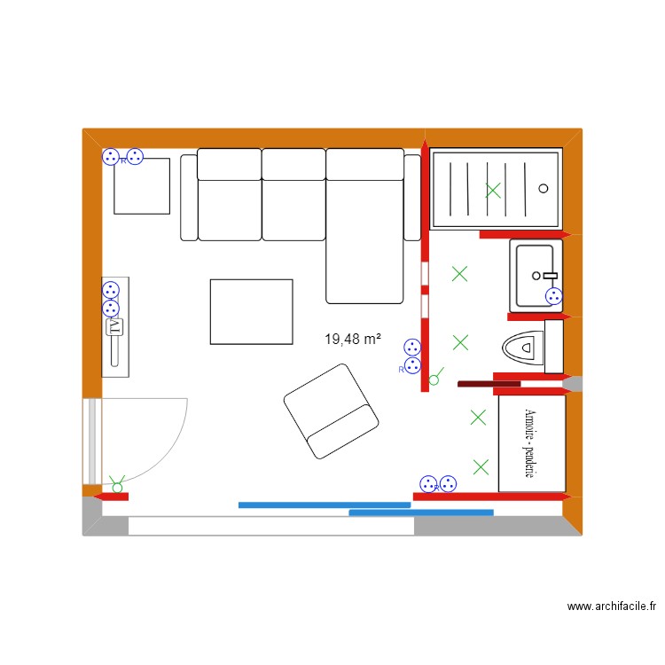 Roc Mer - Cloisons Doublage. Plan de 1 pièce et 19 m2
