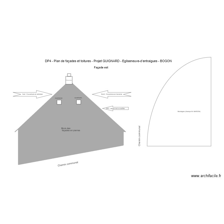 Bogon plan de facades et toit (est). Plan de 2 pièces et 31 m2