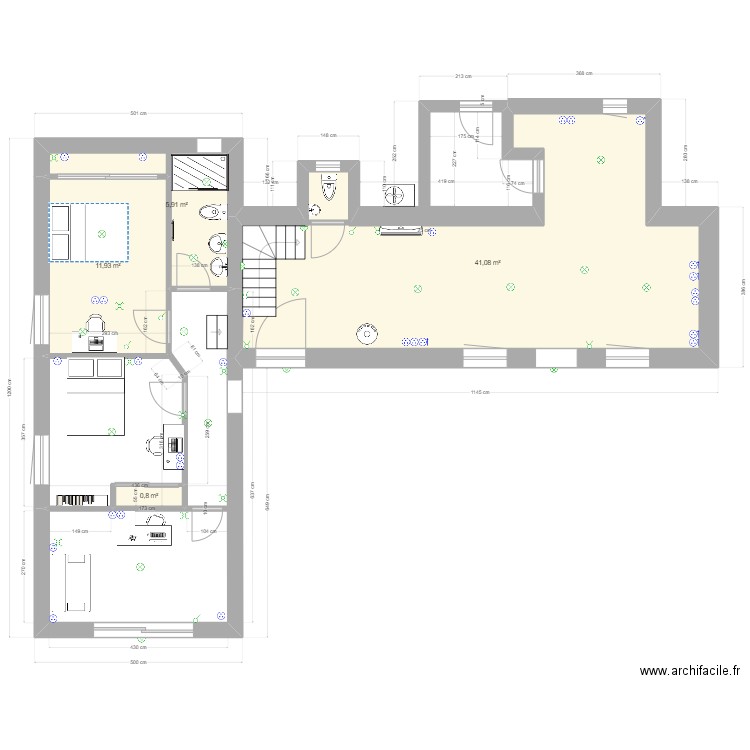Plan maison RDC - CUISINE OUVERTE WC ENTREE. Plan de 4 pièces et 60 m2