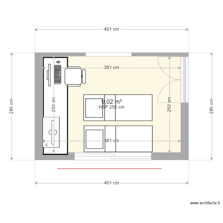 agrandissement  bureau. Plan de 1 pièce et 9 m2