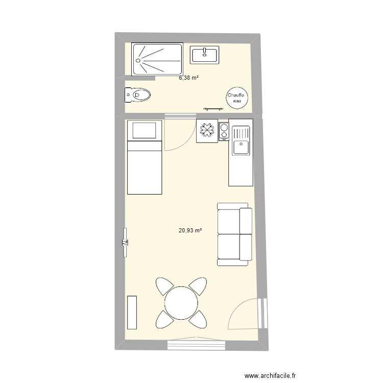 Studio 2 MODIF LARGEUR CUISINE EN L . Plan de 2 pièces et 27 m2