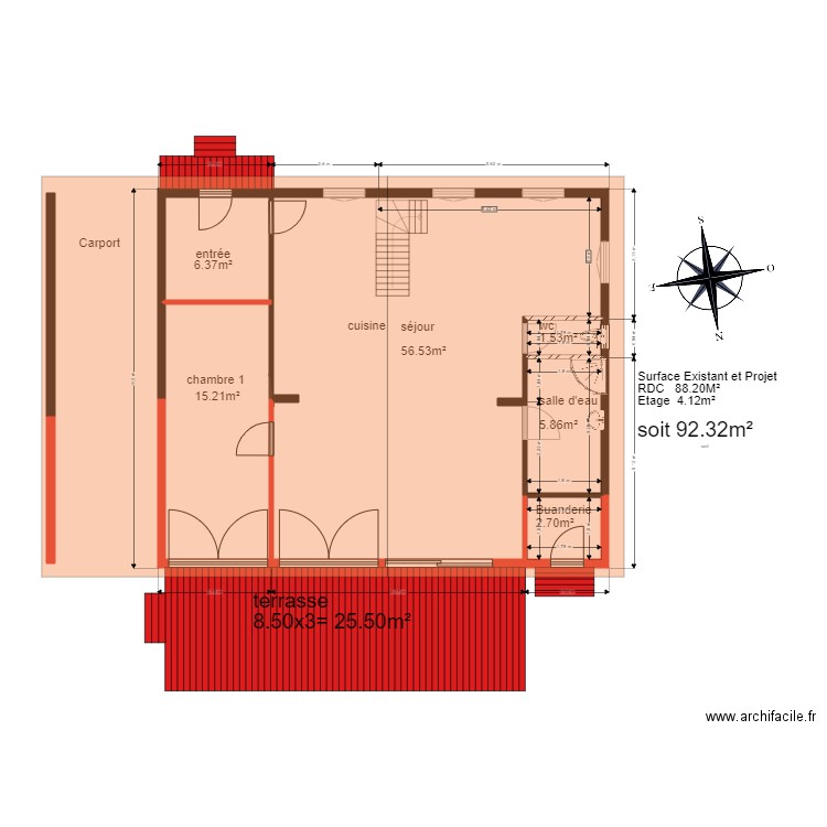 chalet 63 existant. Plan de 5 pièces et 49 m2