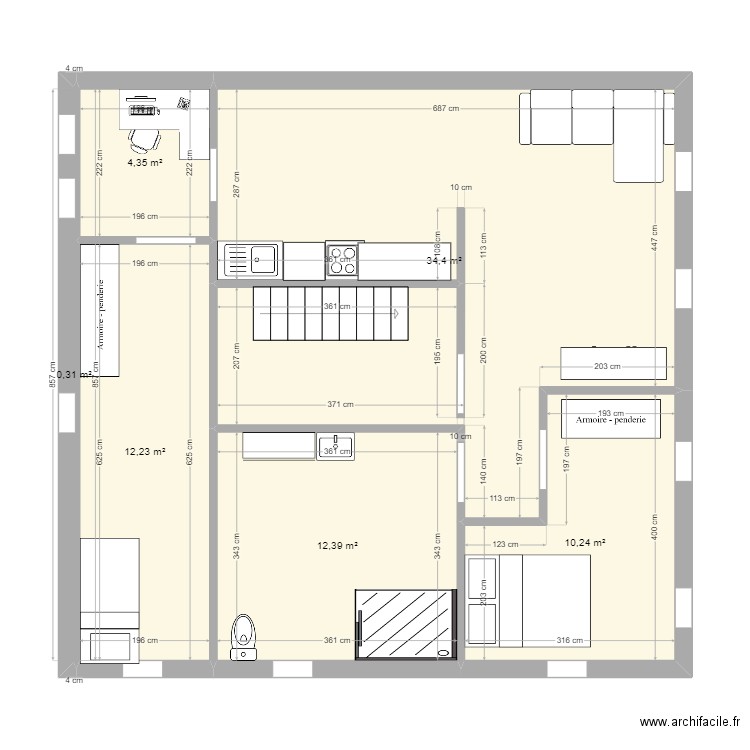 etage 1 . Plan de 6 pièces et 74 m2