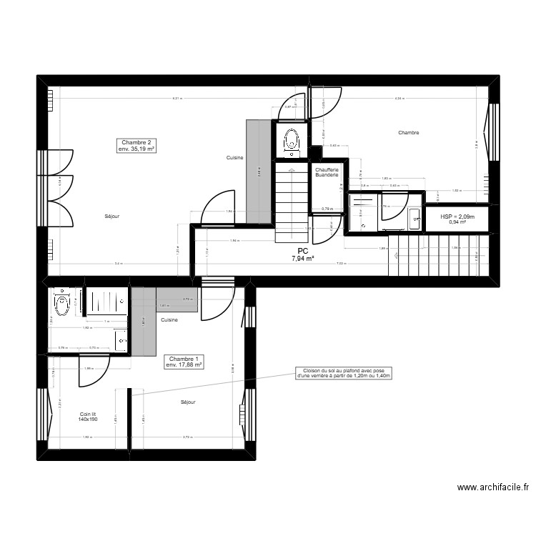 P1.3 PLAN ETAGE 1 SANITAIRES - PROJET SONNEVILLE. Plan de 11 pièces et 64 m2