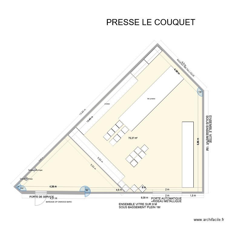 presse. Plan de 1 pièce et 75 m2