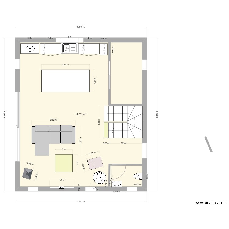 cuisine salon. Plan de 1 pièce et 58 m2