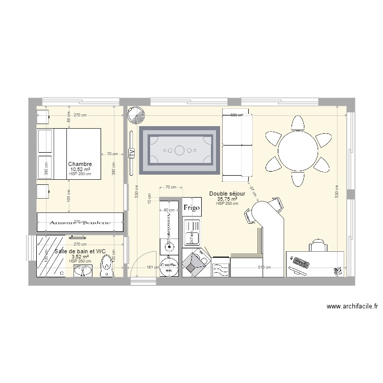 bel oeil  plan projet aménagé réduit. Plan de 3 pièces et 50 m2