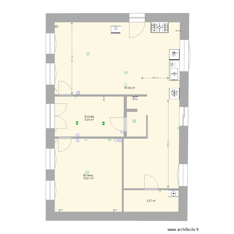 RDC test aménagement s. Plan de 4 pièces et 74 m2