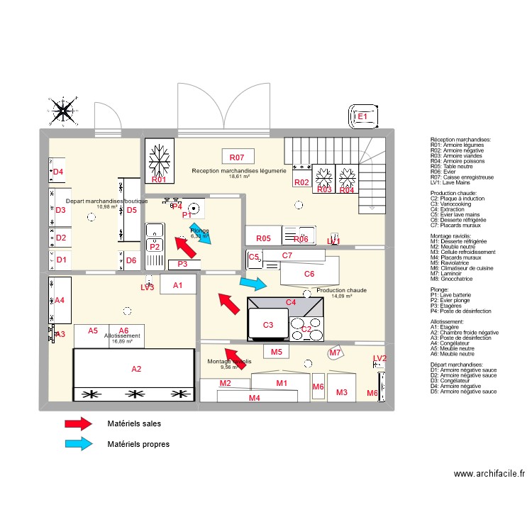 RDC plan flux materiels propres et sales. Plan de 6 pièces et 76 m2