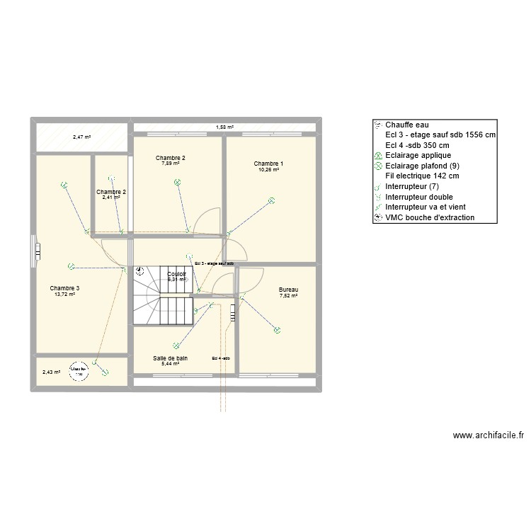 Dammartin etage eclairage. Plan de 10 pièces et 60 m2