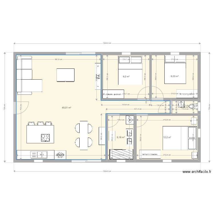 appart T3b. Plan de 6 pièces et 82 m2