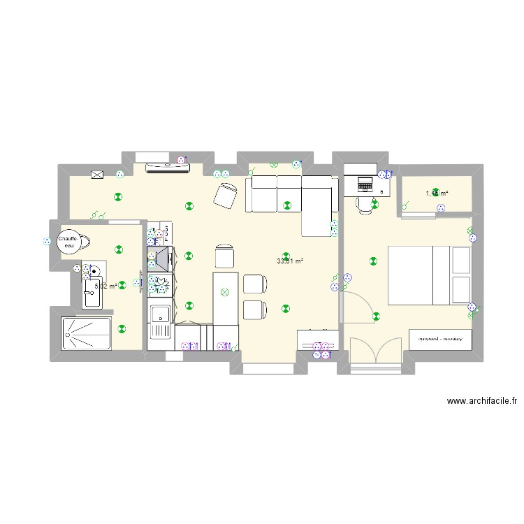 orange Joëlle Luminaire. Plan de 3 pièces et 40 m2