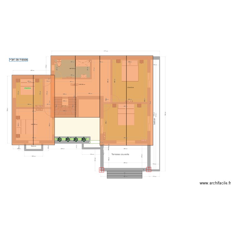 Plan de masse01 avec escalier. Plan de 10 pièces et 111 m2