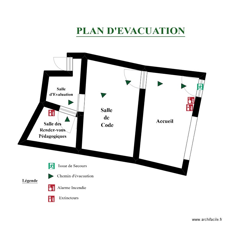 Plan d'évacuation. Plan de 4 pièces et 25 m2