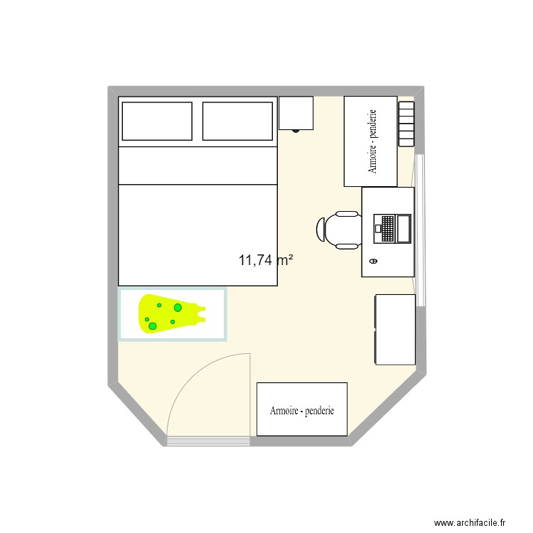 Chambre2. Plan de 1 pièce et 12 m2