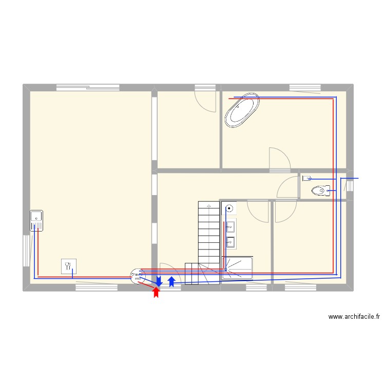 DAVID/GAUCHER - RDC plomberie alimentation. Plan de 7 pièces et 84 m2