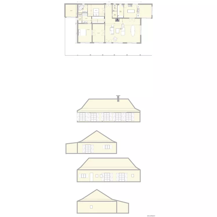 la case bambou avec projection toit. Plan de 
