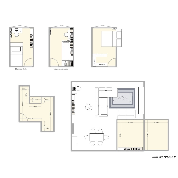 chambres filles. Plan de 7 pièces et 55 m2