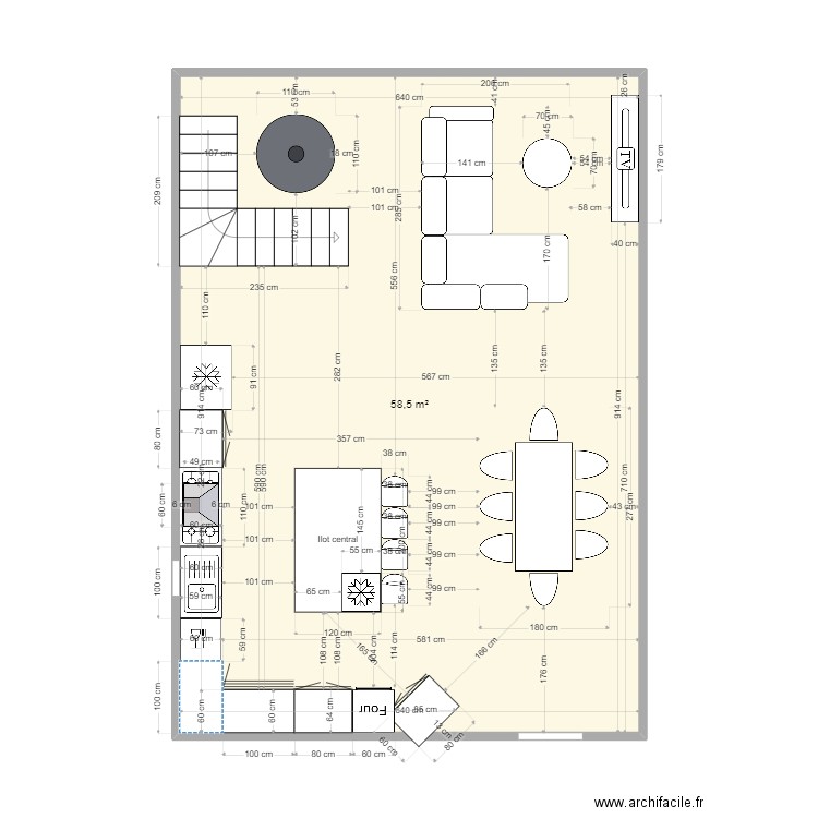 Plan salon, salle, cuisine. Plan de 1 pièce et 59 m2