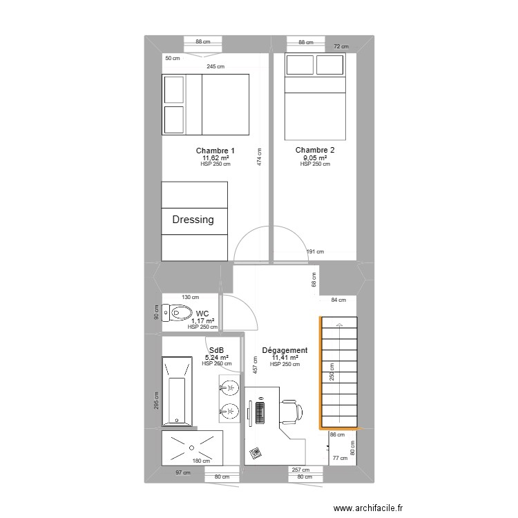 Etage - Projet 2-1. Plan de 5 pièces et 38 m2