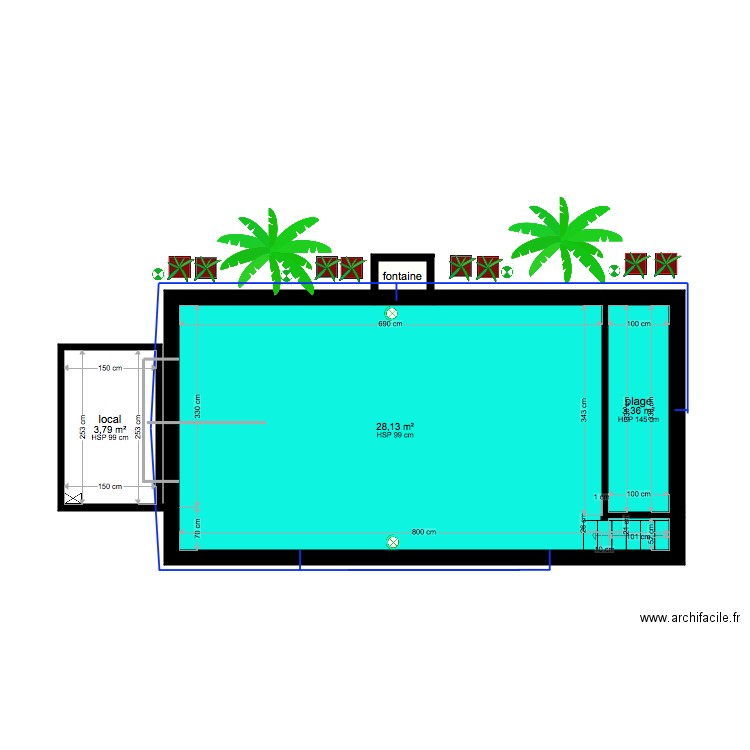 piscine. Plan de 4 pièces et 36 m2