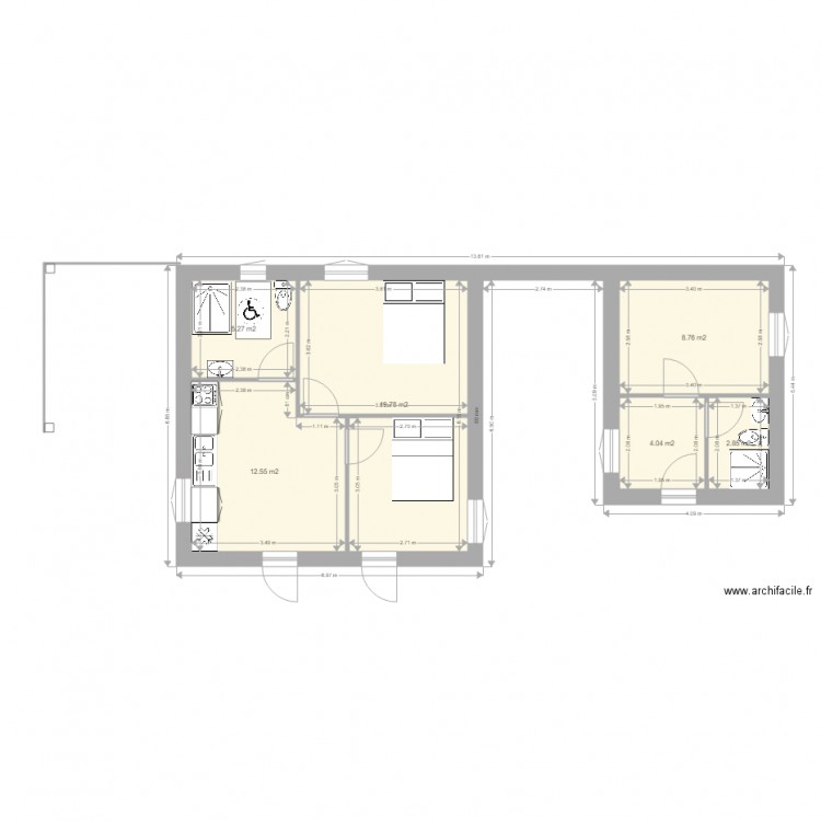 T2 + studio. Plan de 6 pièces et 53 m2